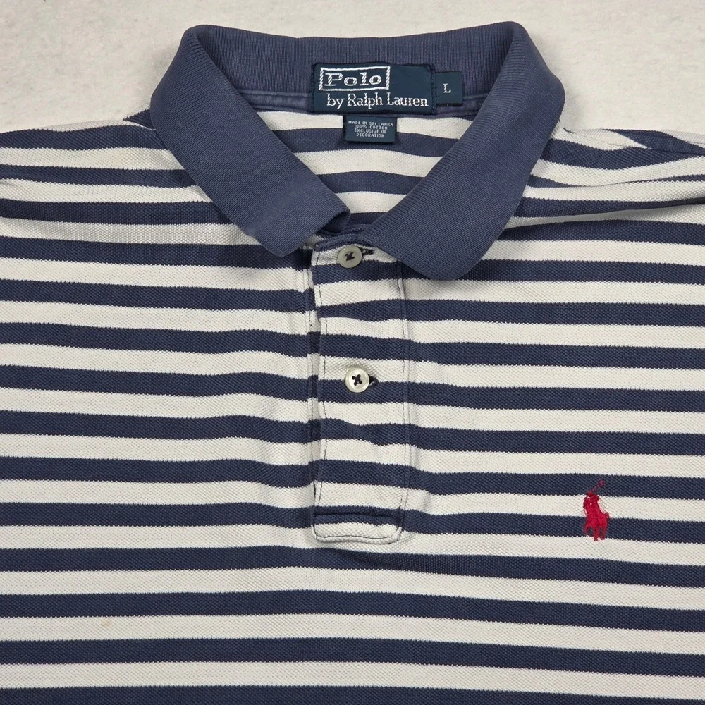 Vintage 90s Polo Ralph Lauren Polo Shirt L Blue White Striped Short Sleeve Vtg
